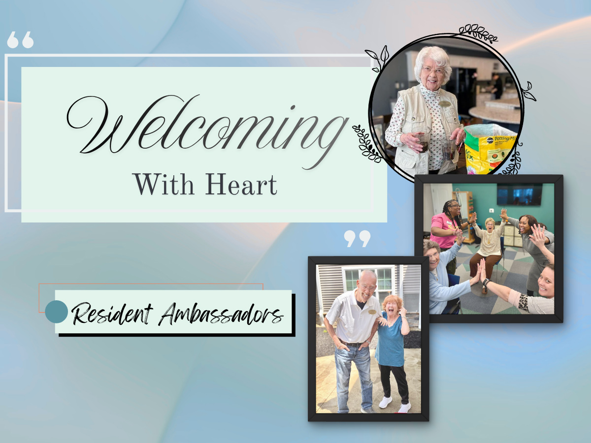 Blog cover titled "Welcoming with Heart, Resident Ambassadors" featuring photos of team members and resident ambassadors at Arrow Senior Living communities.