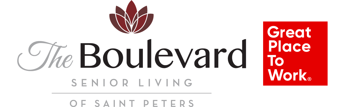 The Boulevard Senior Living of Saint Peters logo features the Great Place to Work badge, highlighting the community’s certification and commitment to a supportive workplace culture.